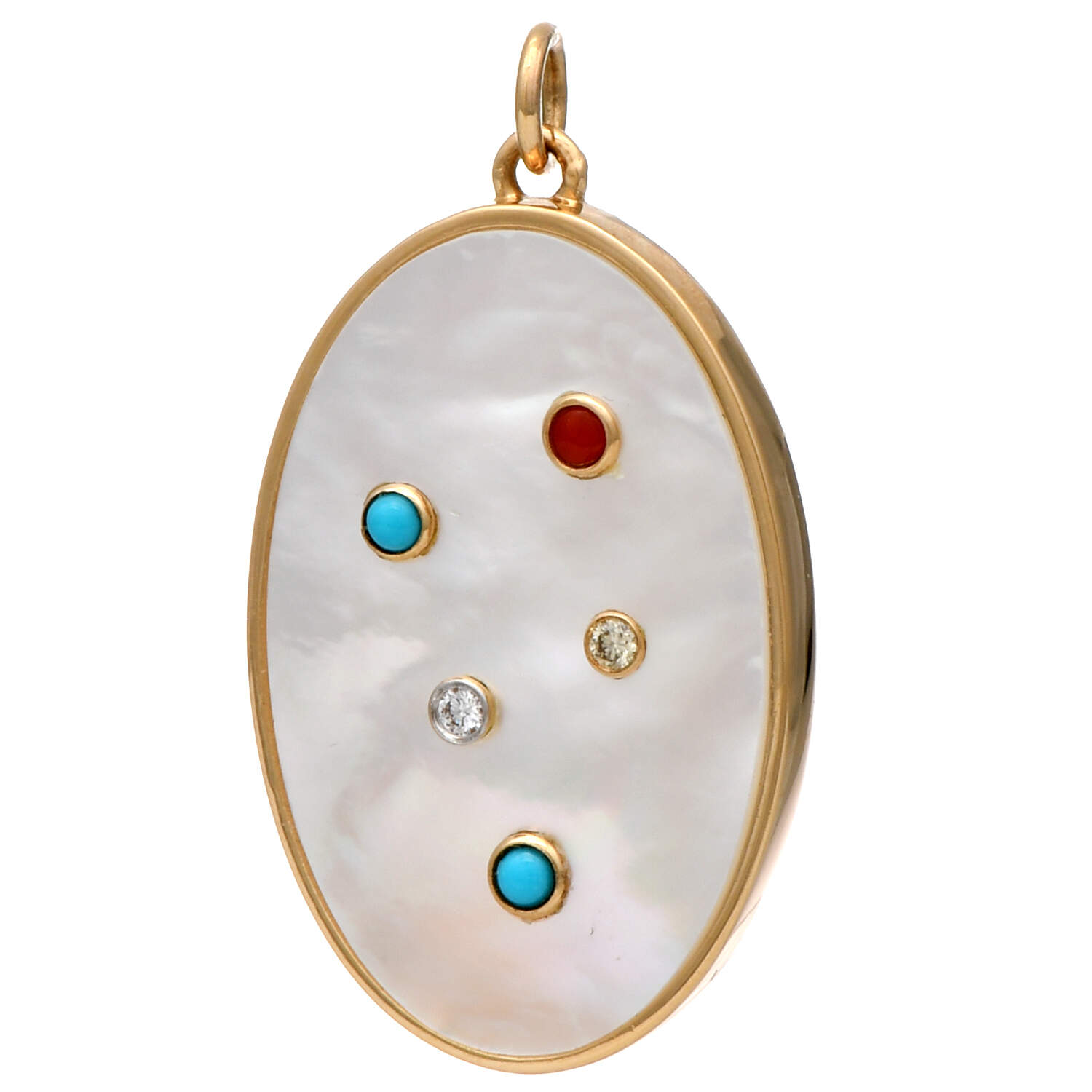 18KY Mother-of-Pearl & Diamond, Coral, & Turquoise Pendant-1
