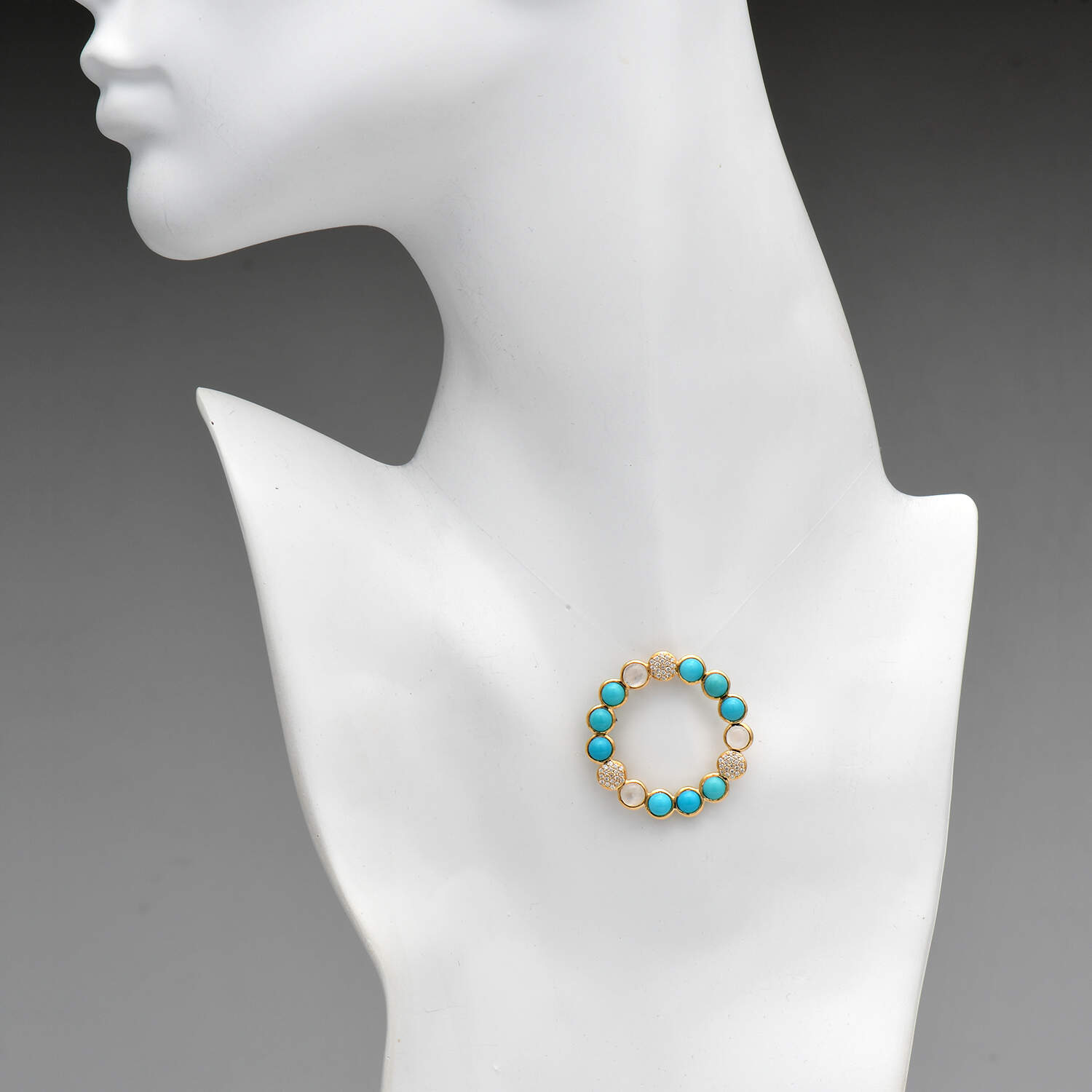 18KY Diamond(0.30) Turquoise & Moonstone Circle Pendant-3