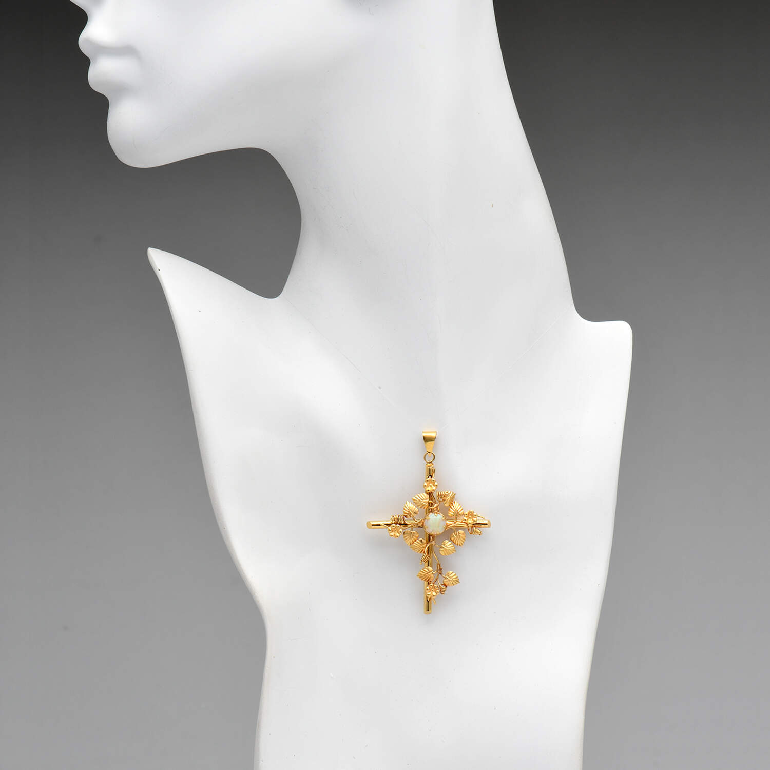 18KY White Opal(0.85) Floral Cross Pendant-3