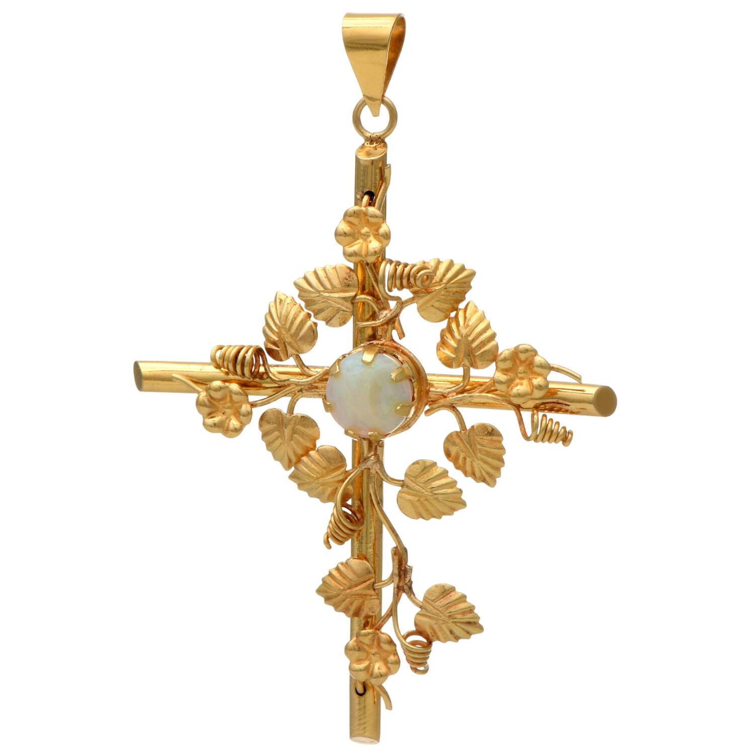18KY White Opal(0.85) Floral Cross Pendant-1