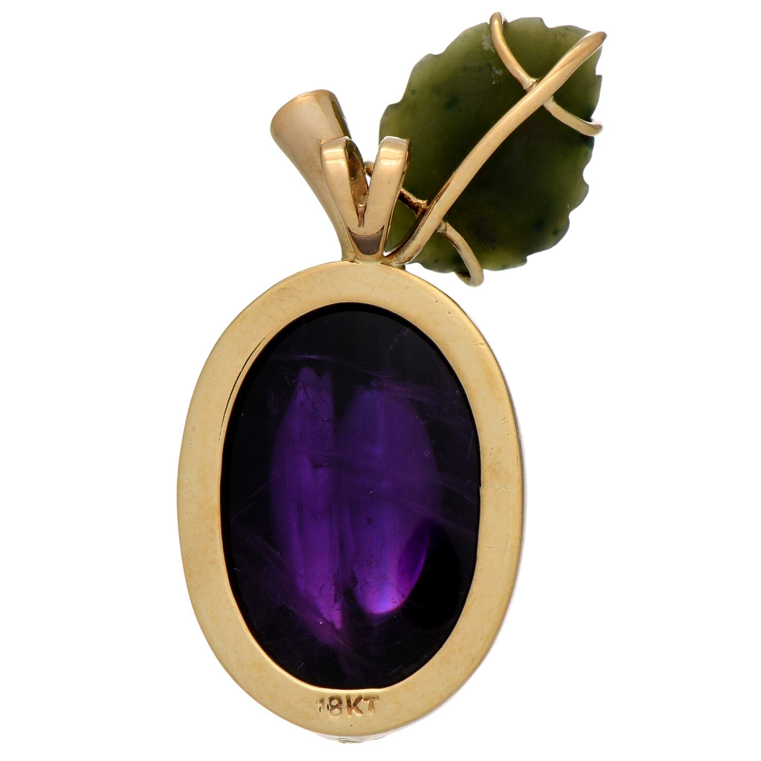 18KY Amethyst(34.0) Diamond(0.19) & Carved Nephrite Jade Plum Pendant-2