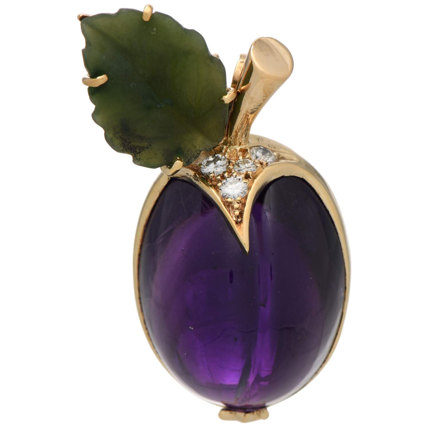 18KY Amethyst(34.0) Diamond(0.19) & Carved Nephrite Jade Plum Pendant-1
