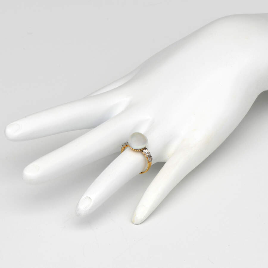 18KY/Platinum GIA-Certified-Natural Pearl & Diamond (0.22) Ring-5
