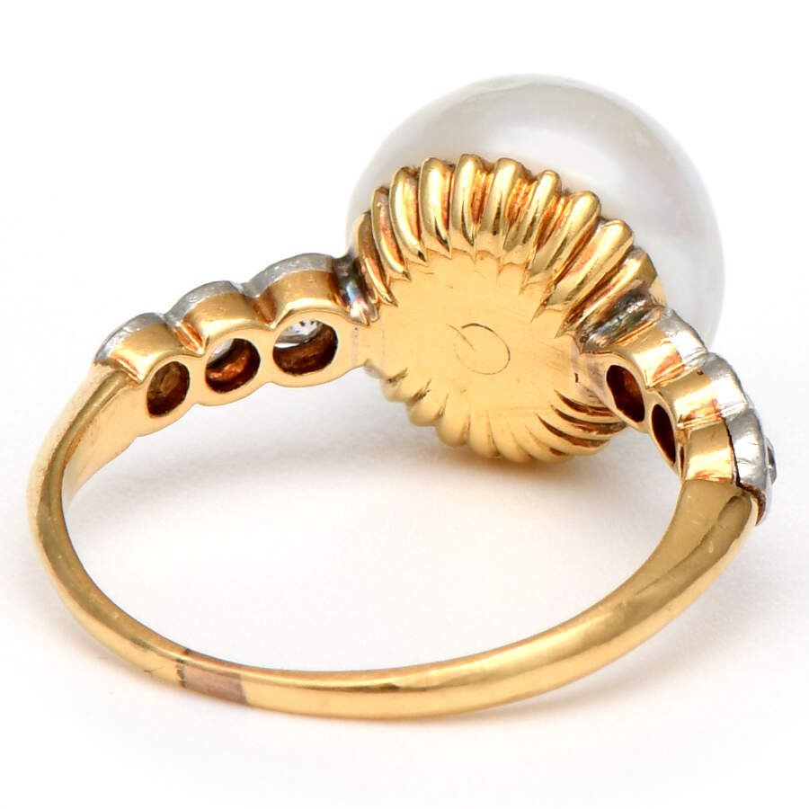 18KY/Platinum GIA-Certified-Natural Pearl & Diamond (0.22) Ring-2