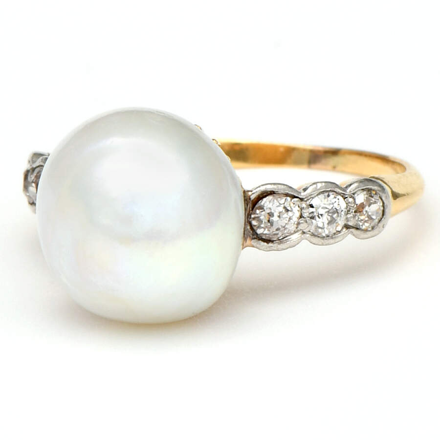 18KY/Platinum GIA-Certified-Natural Pearl & Diamond (0.22) Ring-1