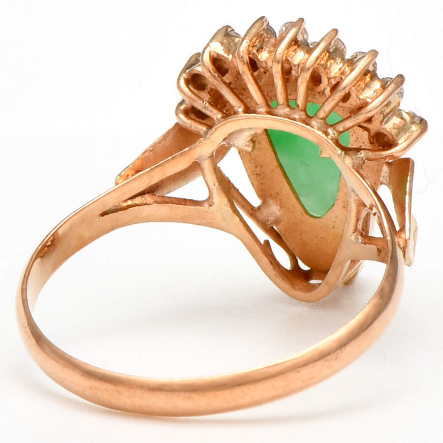 14KR Vintage Carved Jadeite & Cubic Zirconia Ring-2