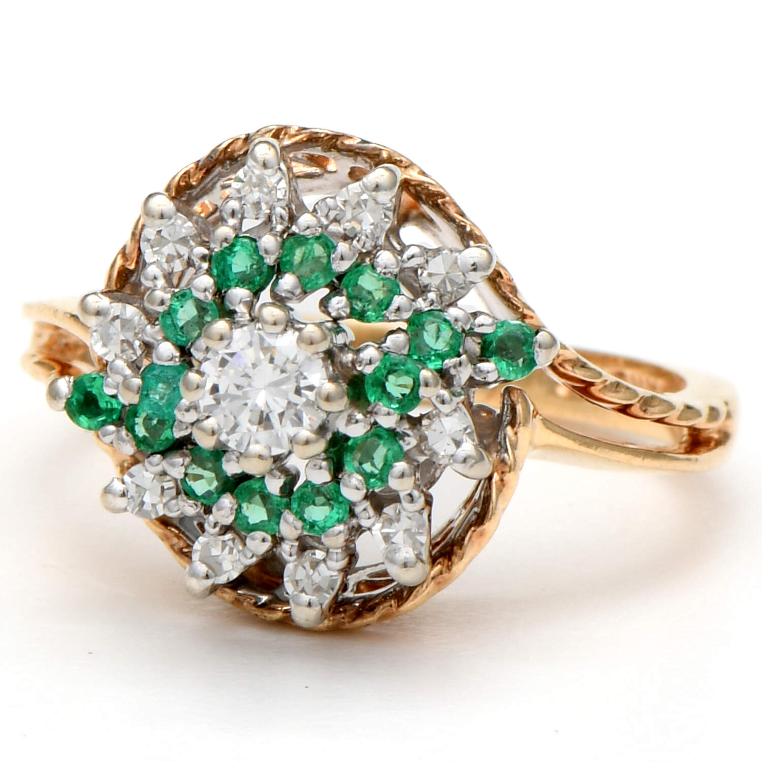 14KYW Diamond(0.21) & Emerald(0.28) Swirl Ring-1