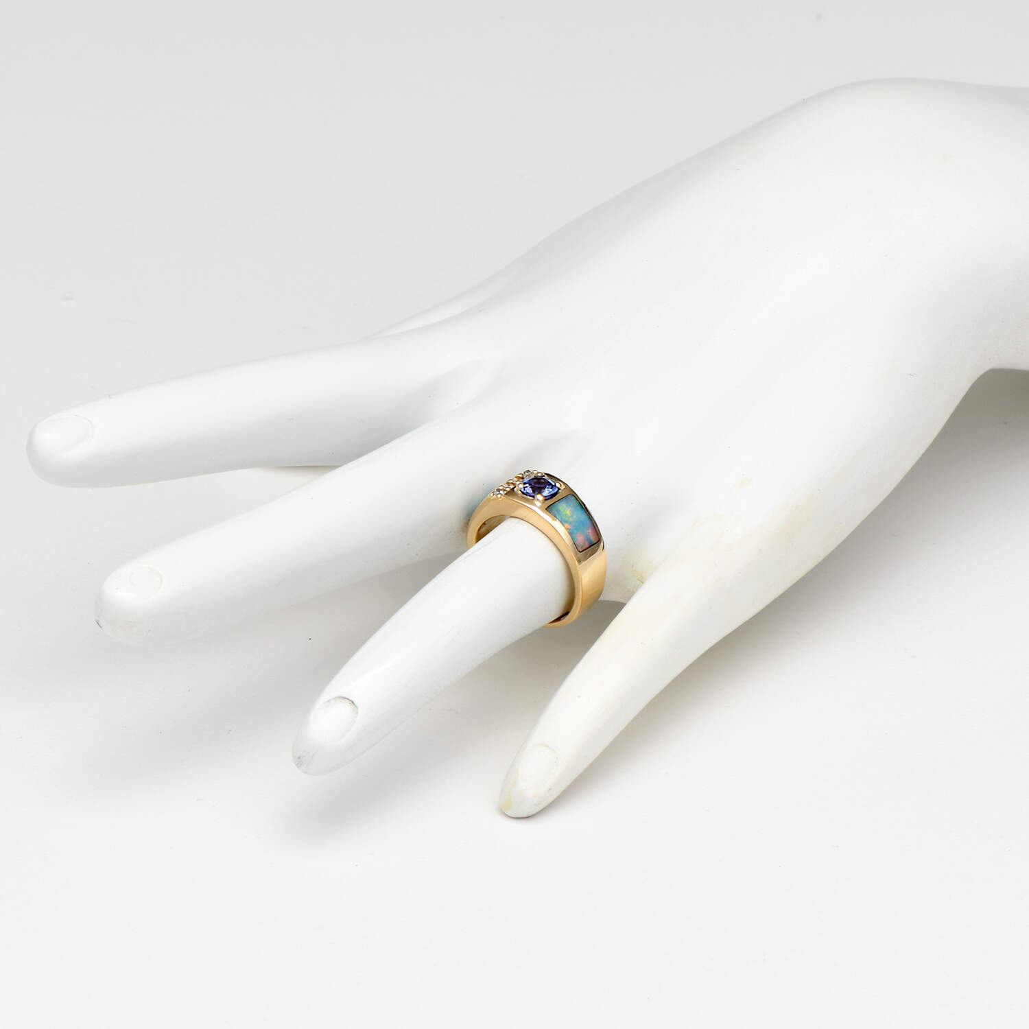 14KY Tanzanite(0.55) & Opal Inlay with Diamond(0.03) Accent Band Ring-6