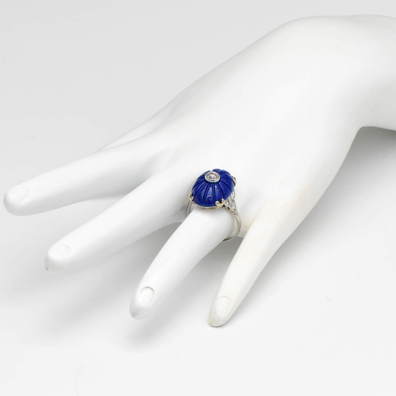 Platinum Art Deco Carved Lapis Lazuli & Diamond(0.50) Ring-6