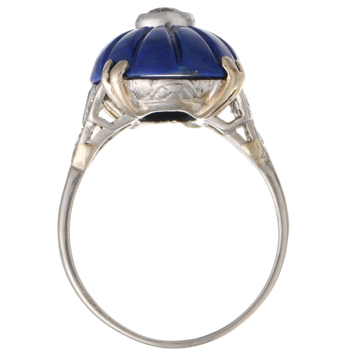 Platinum Art Deco Carved Lapis Lazuli & Diamond(0.50) Ring-5