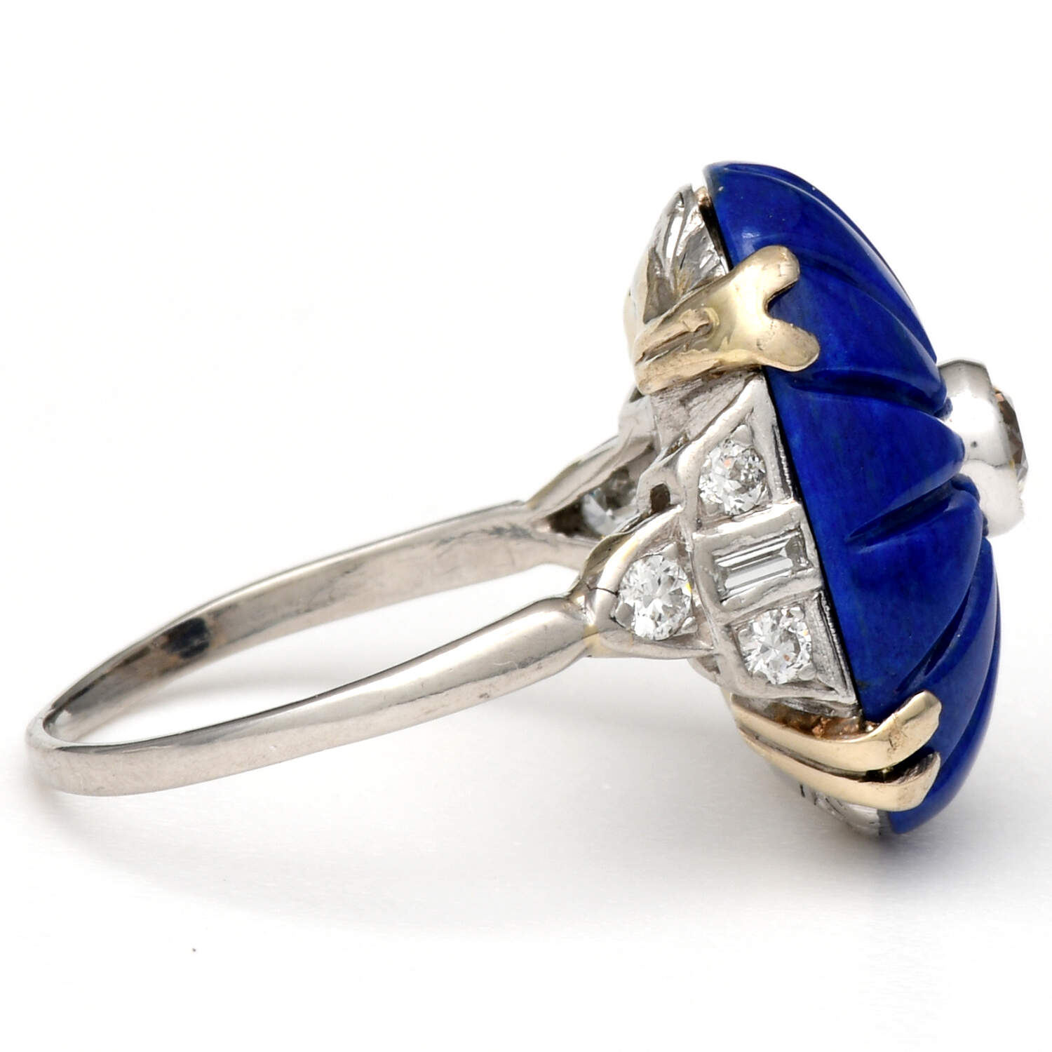 Platinum Art Deco Carved Lapis Lazuli & Diamond(0.50) Ring-4