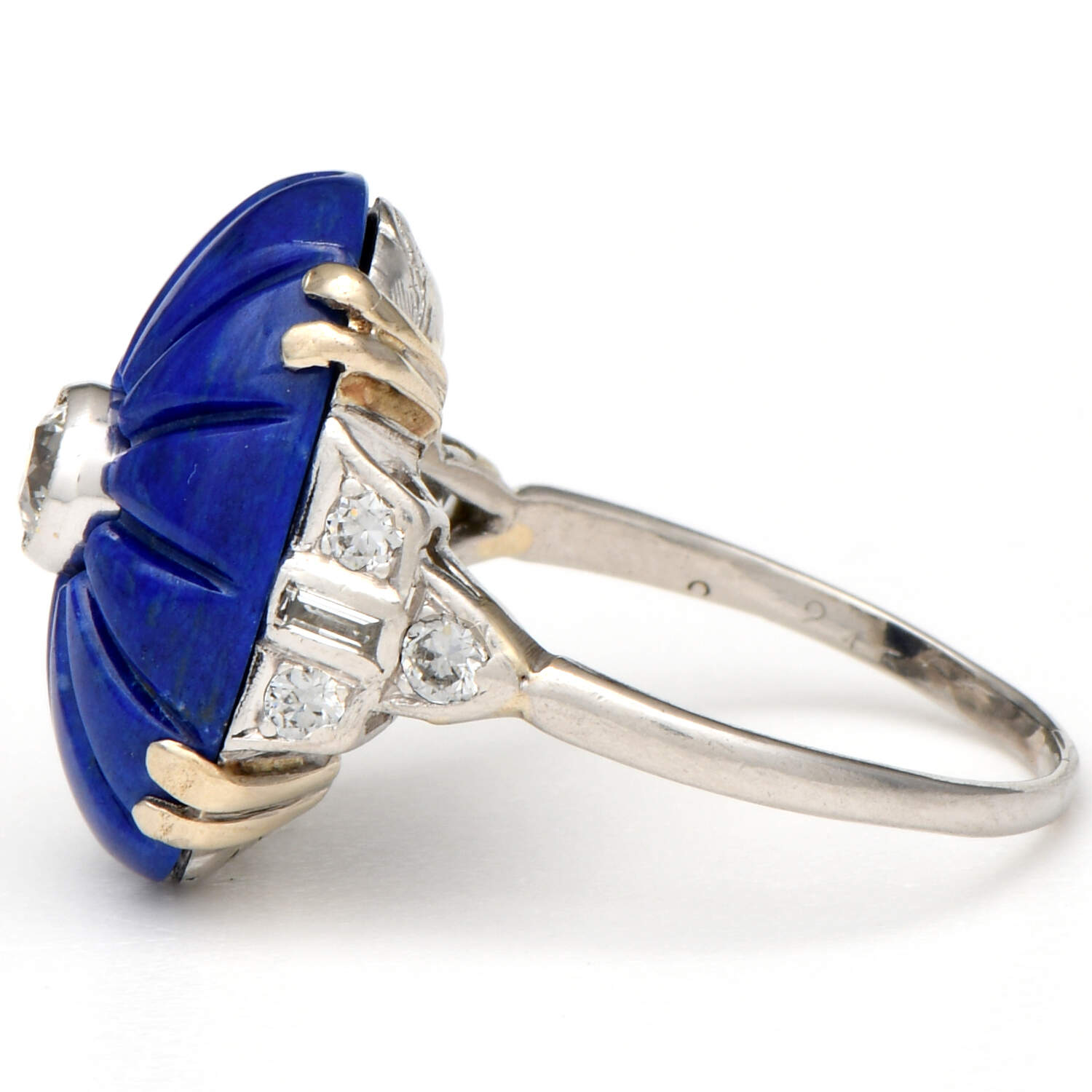 Platinum Art Deco Carved Lapis Lazuli & Diamond(0.50) Ring-3