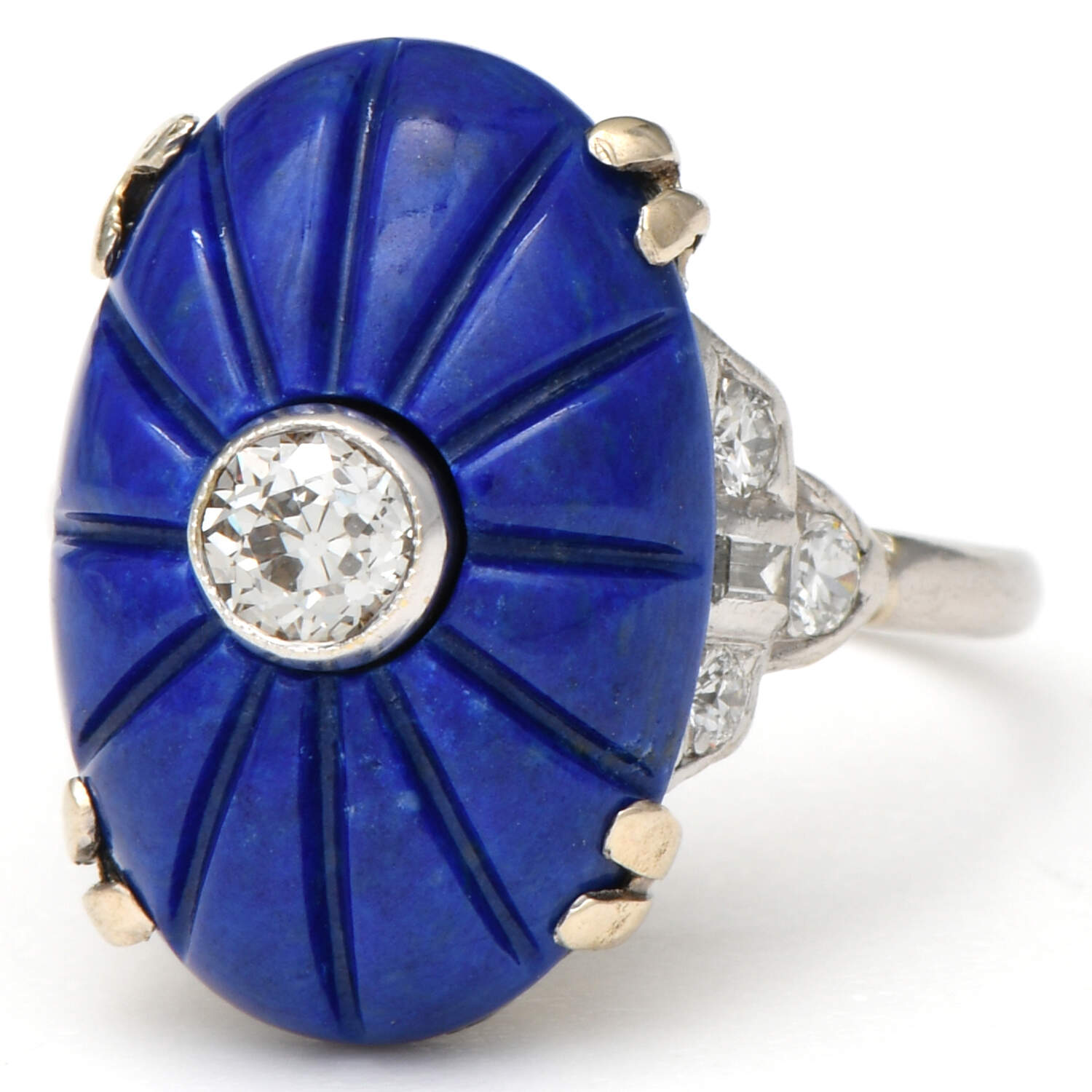 Platinum Art Deco Carved Lapis Lazuli & Diamond(0.50) Ring-1