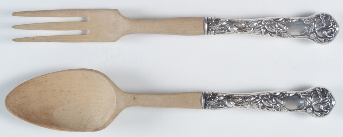 Bridal Rose (Sterling, 1903) Wooden Bowl 2-Piece Salad Set by Alvin-1