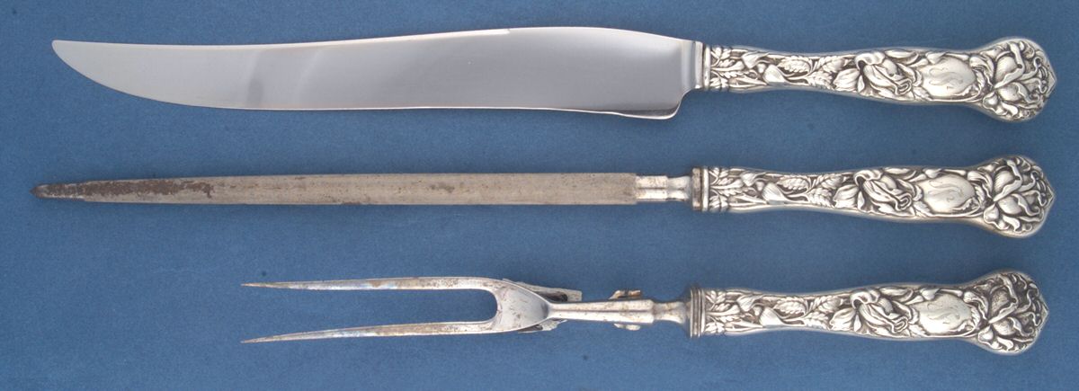 Bridal Rose (Sterling, 1903) Large 3-Piece Roast Carving Set w/ Stainless Blade by Alvin-1