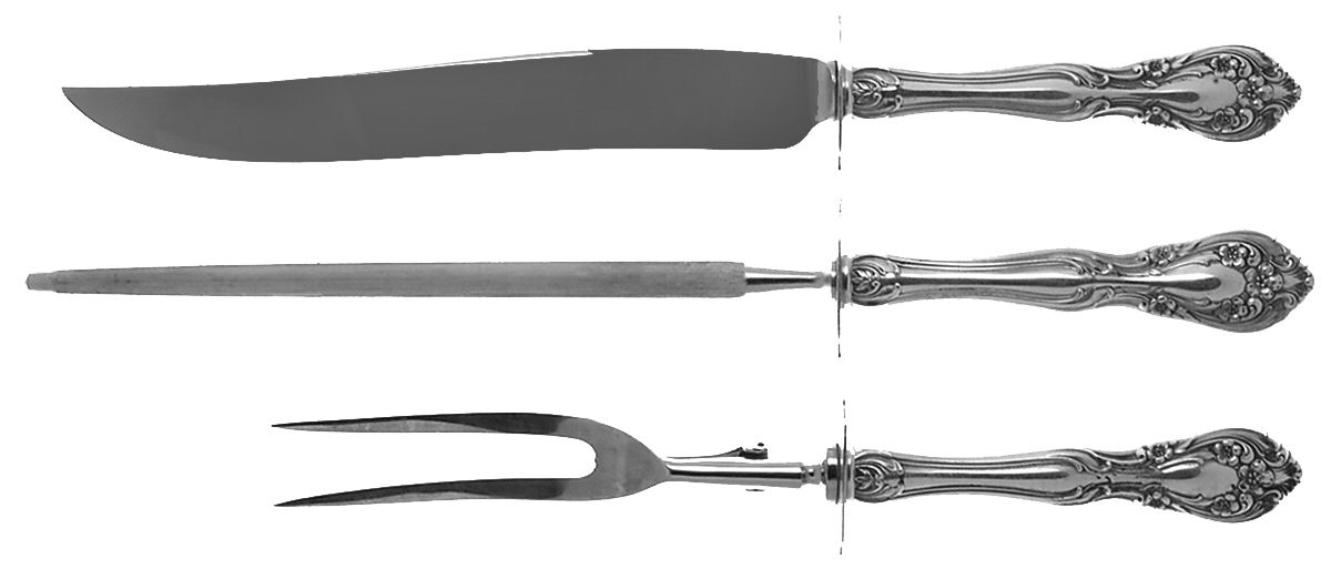 Chateau Rose (Sterling, 1940, No Monograms) Large 3-Piece Roast Carving Set w/ Stainless Blade by Alvin-1