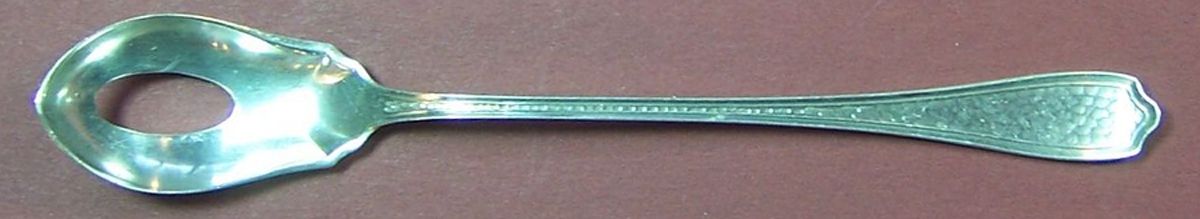 Maryland-Hammered (Sterling, 1910) Pierced Bowl Short Handle Olive Spoon by Alvin-1