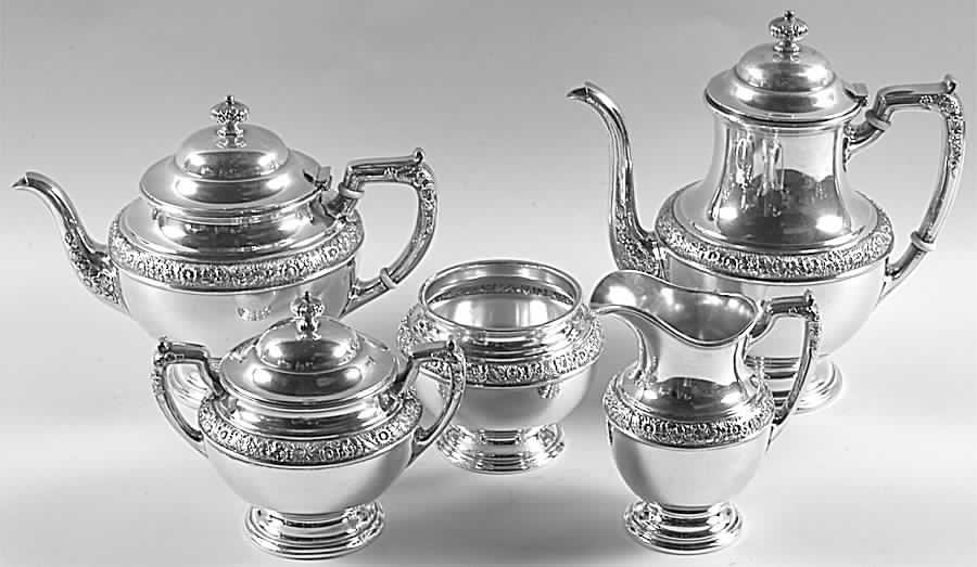 Bridal Bouquet (Sterling, Hollowware) 5 Piece Tea Set (SCP, STP, SCR, SSU, SWB) by Alvin-1