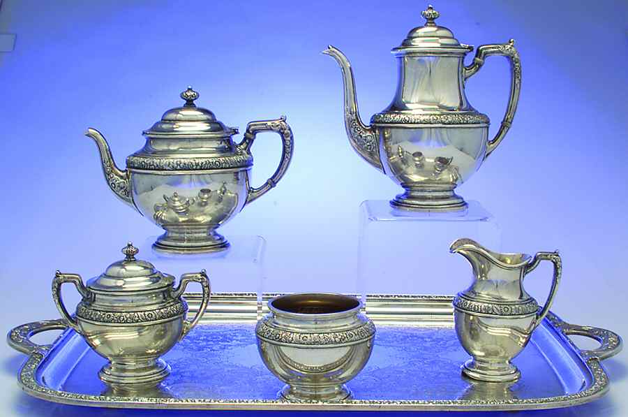 Bridal Bouquet (Sterling, Hollowware) 6 Piece Tea Set (22" Silverplate Tray) Sterling by Alvin-1