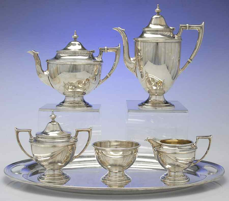 S91 (Sterling, Hollowware) 6 Piece Tea Set (SCP, STP, SCR, SSU, SWB, WTL) by Alvin-1
