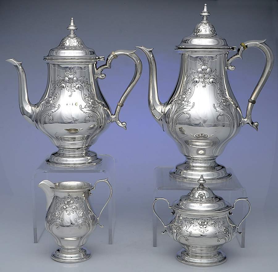 Chateau Rose (Sterling, 1940, Hollowware) 4 Piece Tea Set (SCP, STP, SCR, SSU) by Alvin-1