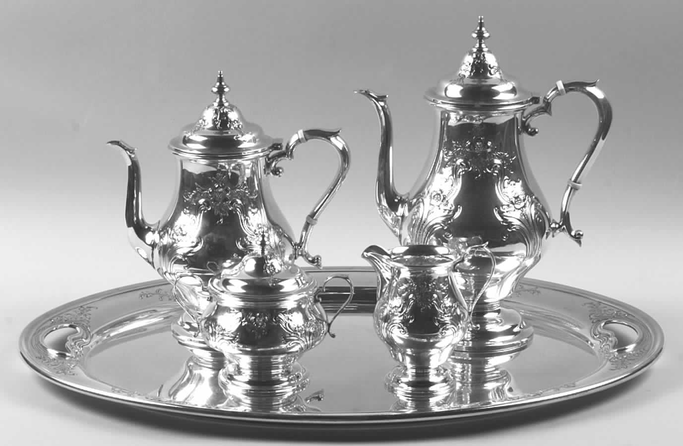 Chateau Rose (Sterling, 1940, Hollowware) 5 Piece Tea Set (SCP, STP, SCR, SSU, WTL) by Alvin-1