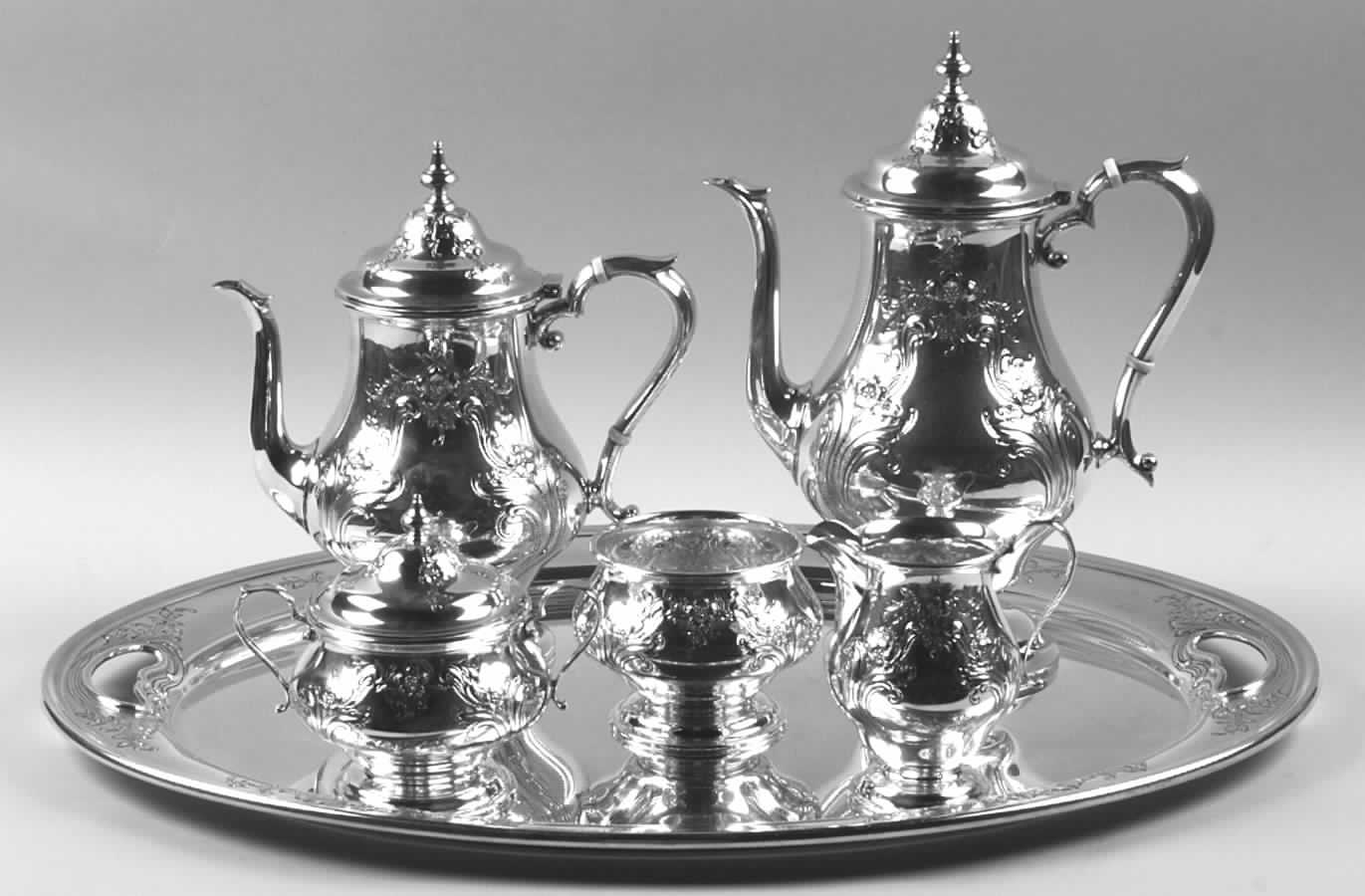 Chateau Rose (Sterling, 1940, Hollowware) 6 Piece Tea Set (SCP, STP, SCR, SSU, SWB, WTL) by Alvin-1