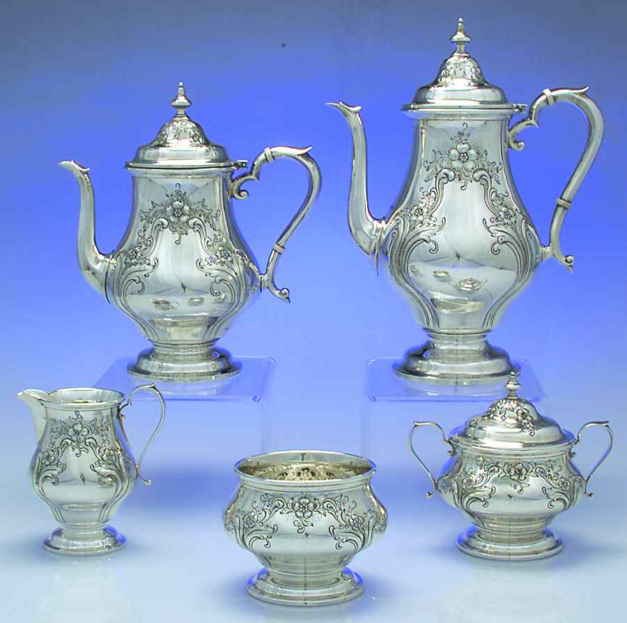 Chateau Rose (Sterling, 1940, Hollowware) 5 Piece Tea Set (SCP, STP, SCR, SSU, SWB) by Alvin-1