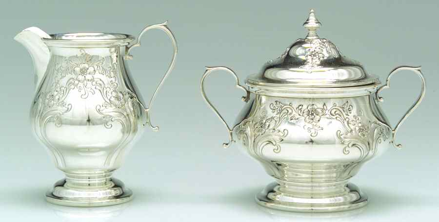 Chateau Rose (Sterling, 1940, Hollowware) Creamer & Sugar Bowl with Lid Set by Alvin-1