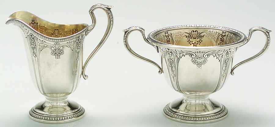 Della Robbia (Sterling, Hollowware, Floral, Lines) Mini Sterling Creamer and Open Sugar by Alvin-1