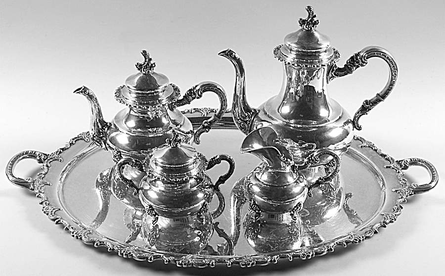 GAK2 (Sterling, Hollowware) 4 Piece Tea Set with Plated Tray by Gayer & Krauss-1
