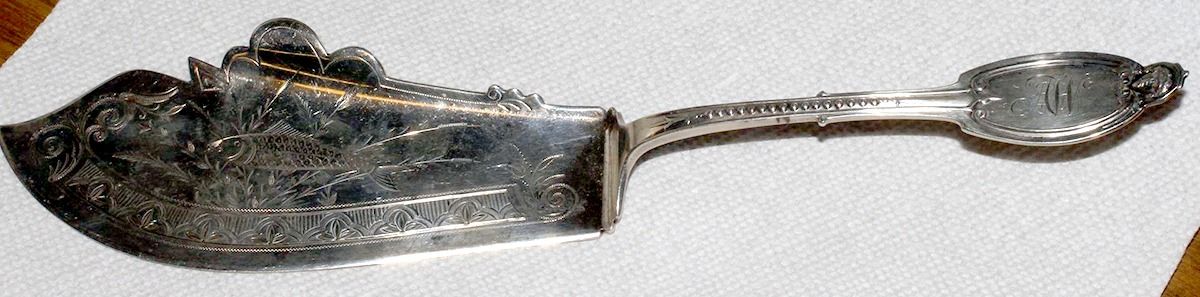 Kenilworth (Sterling, 1850) Large Solid Bright Cut Fish Serving Knife by Albert Coles-1