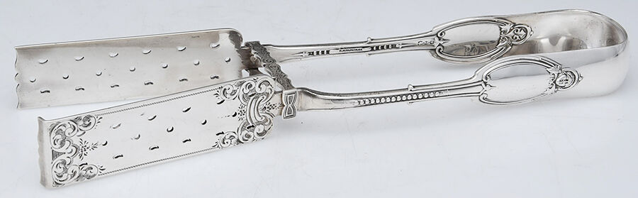Kenilworth (Sterling, 1850) Bright Cut Solid Yoked Asparagus Tongs by Albert Coles-1
