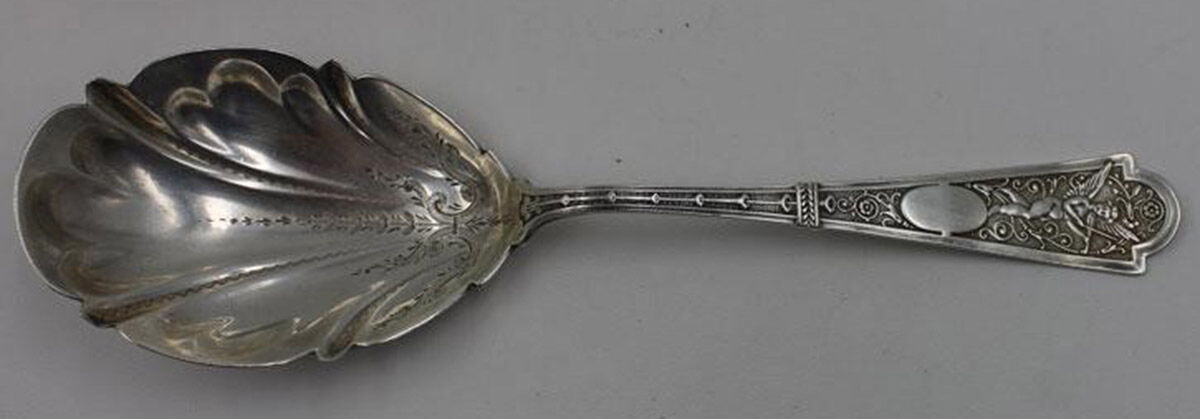 Cupid (Sterling) Bright Cut Preserve Spoon by Albert Coles-1