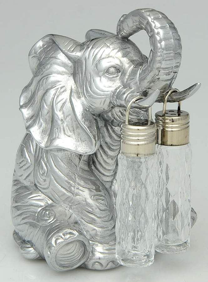Elephants (Aluminum, Hollowware) Crystal Salt & Pepper Set W/Metal Stand by Arthur Court-1