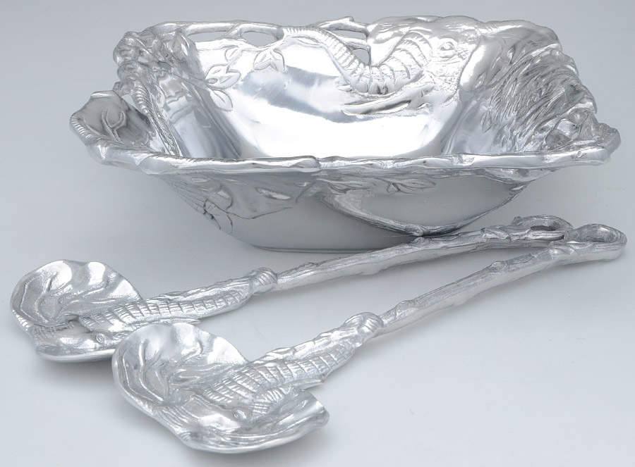 Elephants (Aluminum, Hollowware) (3 Pc) Salad Set (Square Bowl & Servers) by Arthur Court-1