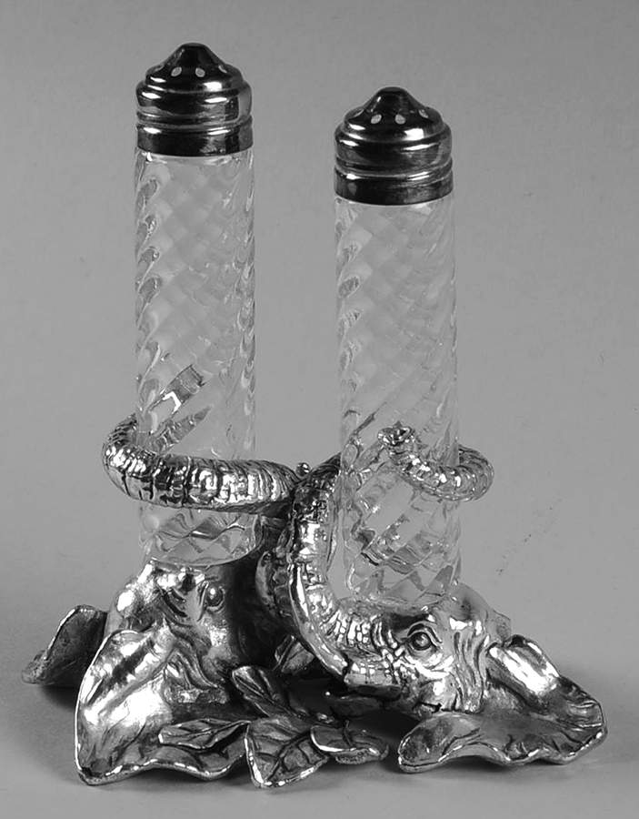 Elephants (Aluminum, Hollowware) Crystal Salt & Pepper W/Metal Stand by Arthur Court-1
