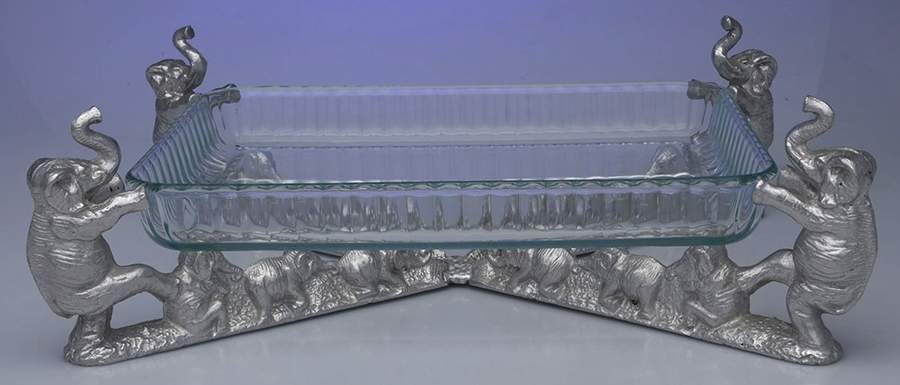 Elephants (Aluminum, Hollowware) 3 Qt Glass Rectangular Casserole W/Holder by Arthur Court-1