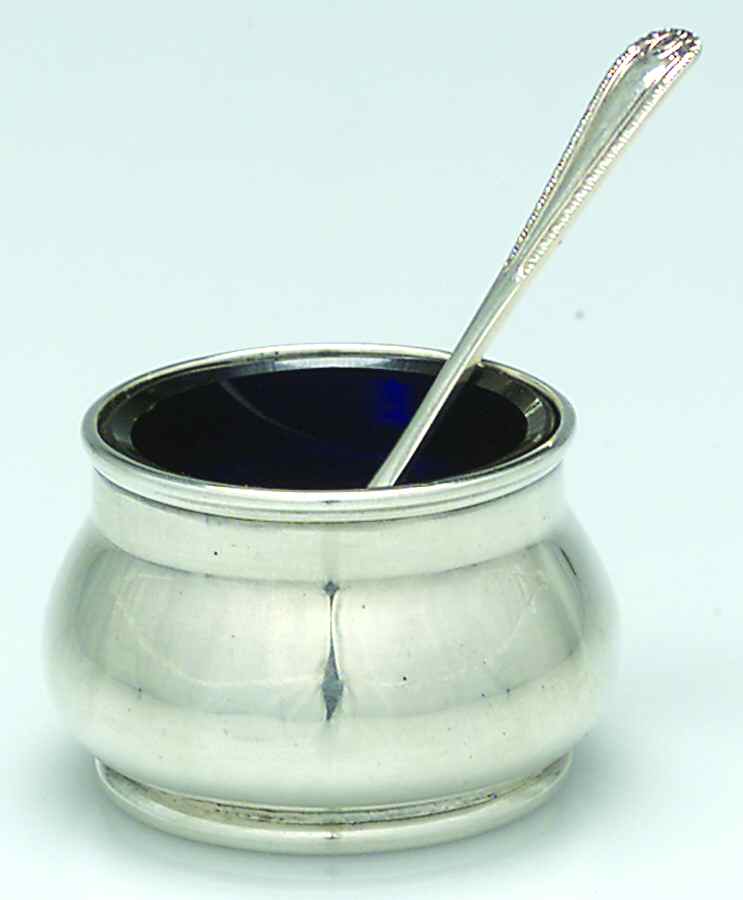 ADB1 (Sterling, Hollowware) Individual Open Salt W/Cobalt Liner & Spoon by Adie Brothers, Ltd.-1