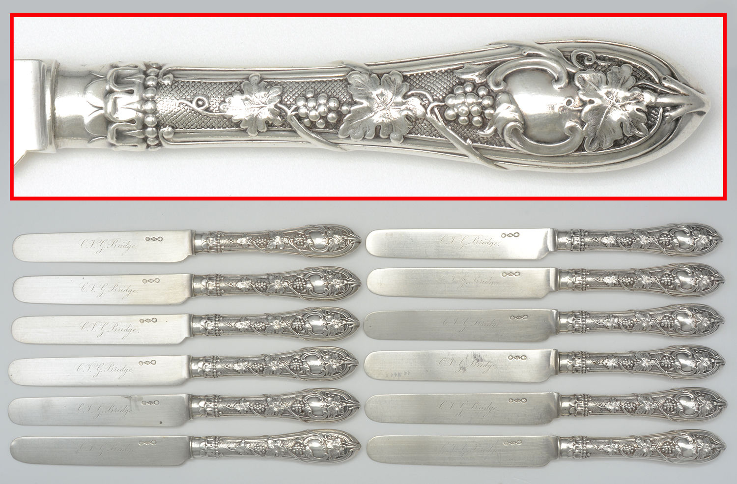 ALC5 (Coin) (Set of 12) Des/Tea Knife Hollow Hndl Sterling Bld by Albert Coles-1