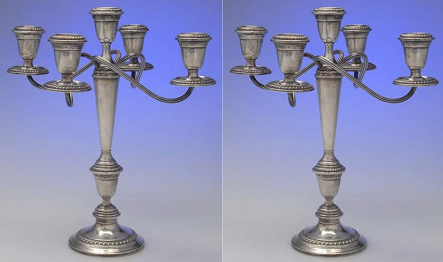 S258 (Sterling, Hollowware) Pair of Weighted 5 Light Candelabra by Alvin-1