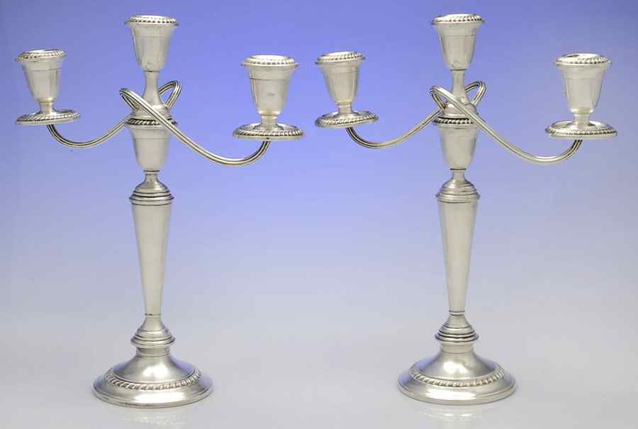 S258 (Sterling, Hollowware) Pair of Weighted 3 Light Candelabra by Alvin-1