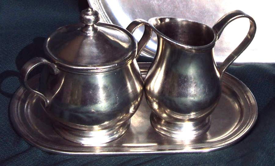Peltro (Pewter, Hollowware) Creamer, Sugar & Lid with Tray Set by Arte Italica-1