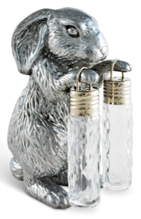 Bunnies (Aluminum, Hollowware) Hanging Salt/Pepper Shaker Set w/Holder by Arthur Court-1
