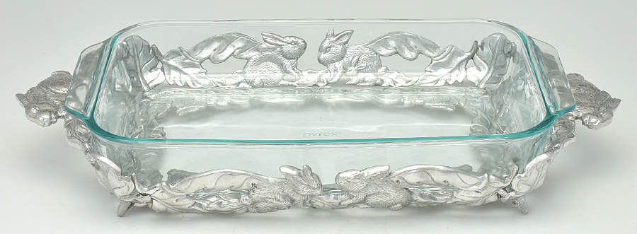 Bunnies (Aluminum, Hollowware) 3 Qt Glass Rectangular Casserole W/Holder by Arthur Court-1