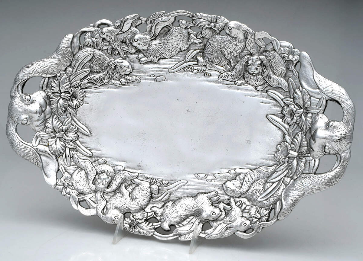 Bunnies (Aluminum, Hollowware) 16" Oval Serving Platter by Arthur Court-1