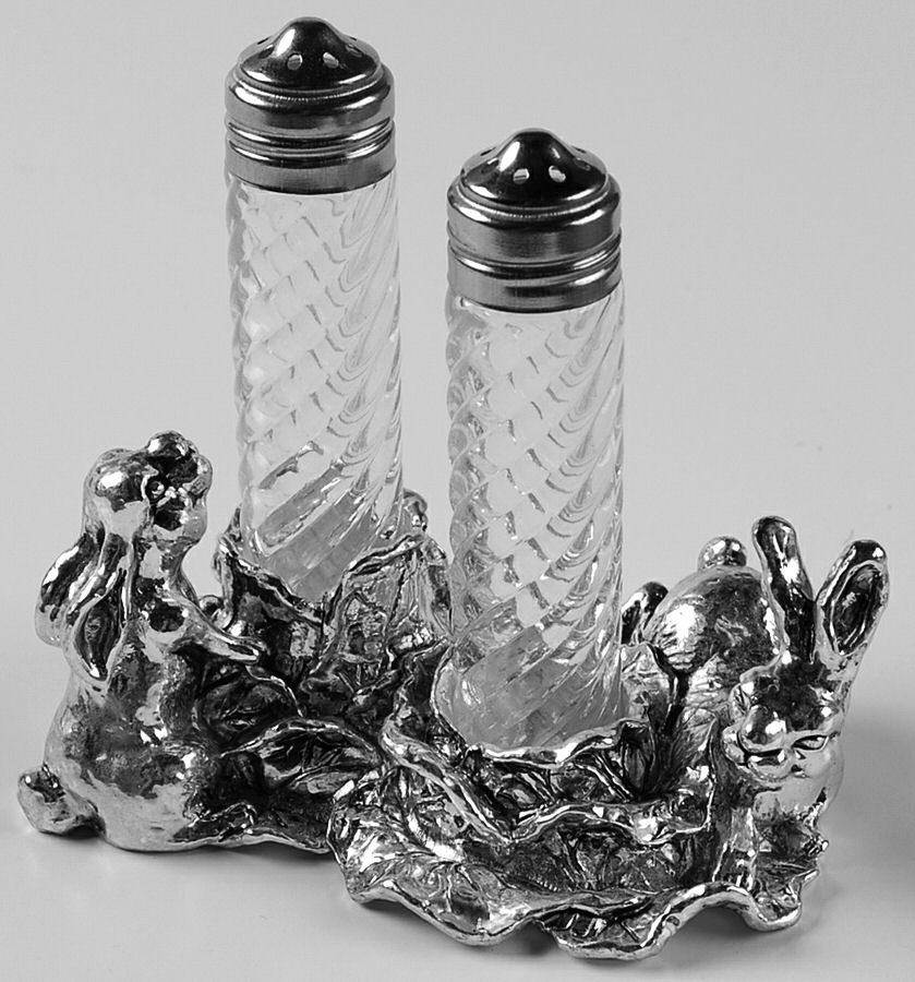 Bunnies (Aluminum, Hollowware) Crystal Salt & Pepper W/Metal Stand by Arthur Court-1