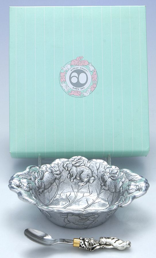 Bunnies (Aluminum, Hollowware) Baby Bowl & Spoon Set by Arthur Court-1