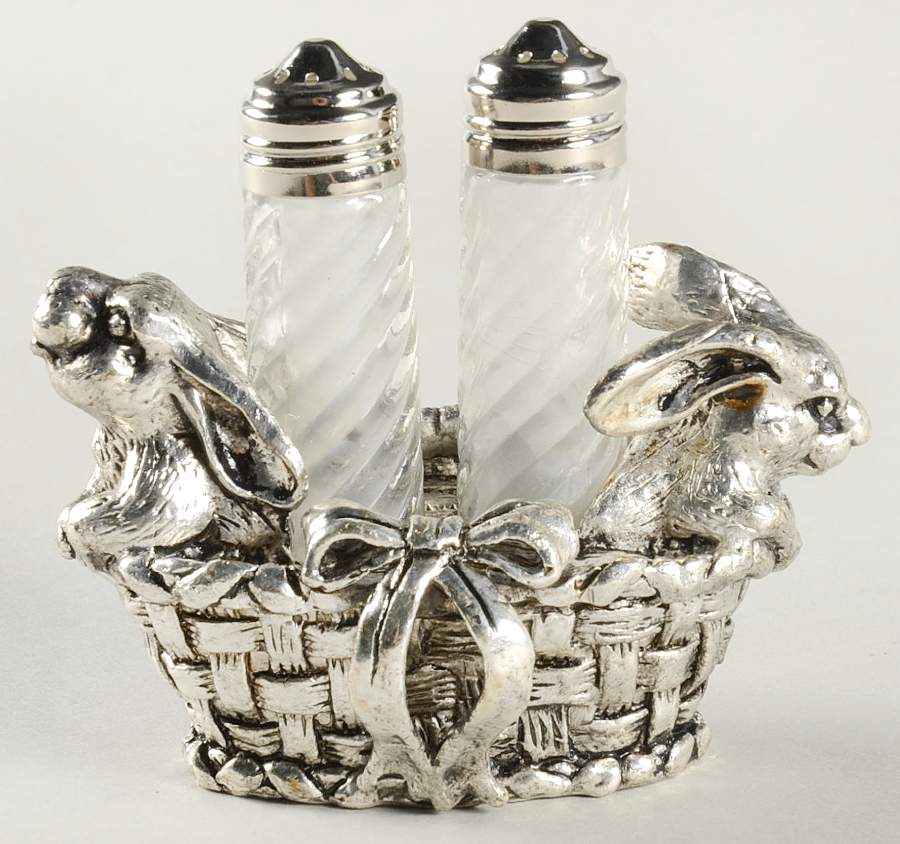 Bunnies (Aluminum, Hollowware) Crystal Salt & Pepper Set W/Metal Stand by Arthur Court-1