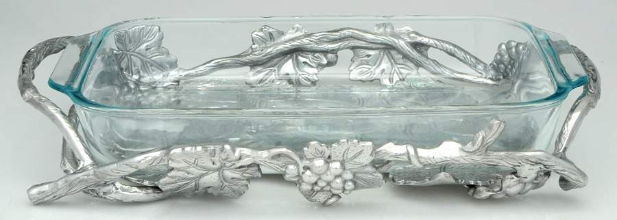 Grape (Aluminum, Hollowware) 3 Qt Glass Rectangular Casserole W/Holder by Arthur Court-1
